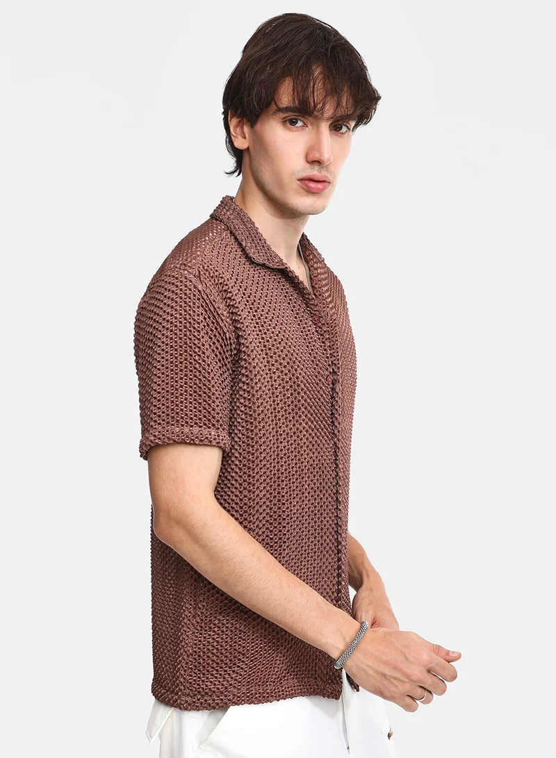 CAHOOT  Men's Chocolate Brown Puffy-Textured Shirt For Casual Wear | Cuban Collar | Short Sleeve | Button Closure | Shirt Crafted With Comfort Fit For Everyday Wear for Men | Best Price UAE