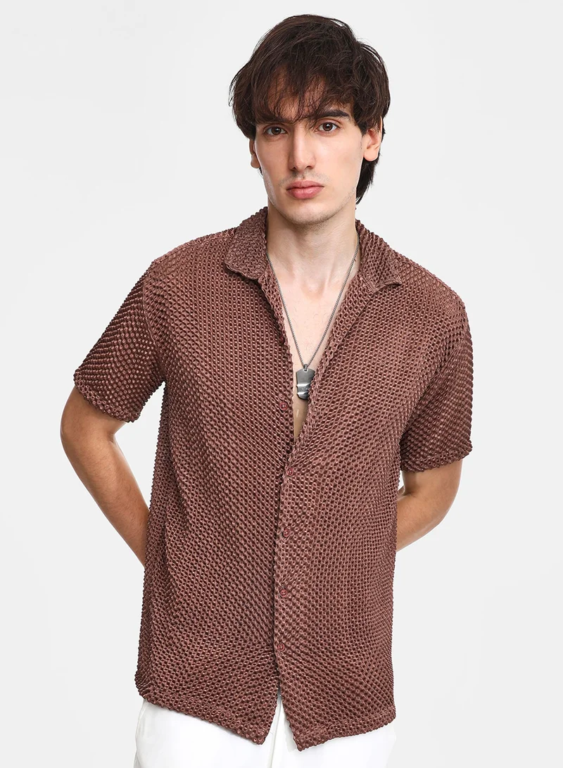 Men's Chocolate Brown Puffy-Textured Shirt For Casual Wear | Cuban Collar | Short Sleeve | Button Closure | Shirt Crafted With Comfort Fit For Everyday Wear