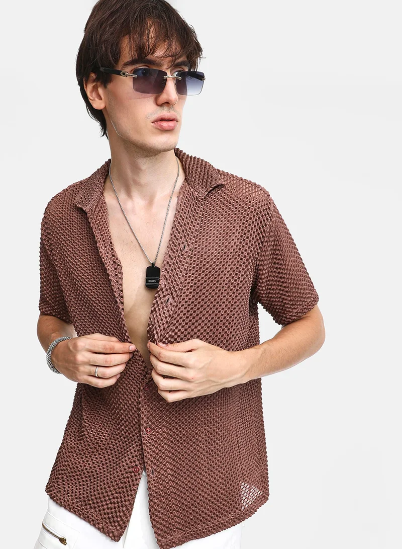 CAHOOT  Men's Chocolate Brown Puffy-Textured Shirt For Casual Wear | Cuban Collar | Short Sleeve | Button Closure | Shirt Crafted With Comfort Fit For Everyday Wear for Men | Best Price UAE