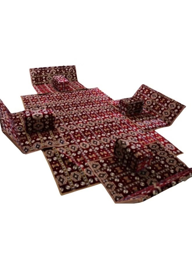 كادي ون مجموعة جلوس أرضية تراثية مكونة من 9 قطع مناسبة للسفر والرحلات البرية والحديقة , طقم فرشة تخييم ارضية مع اربع مراكى و 4 كراسي وبساط من القماش عالي الجودة يكفي ل 8 أشخاص - Image 2