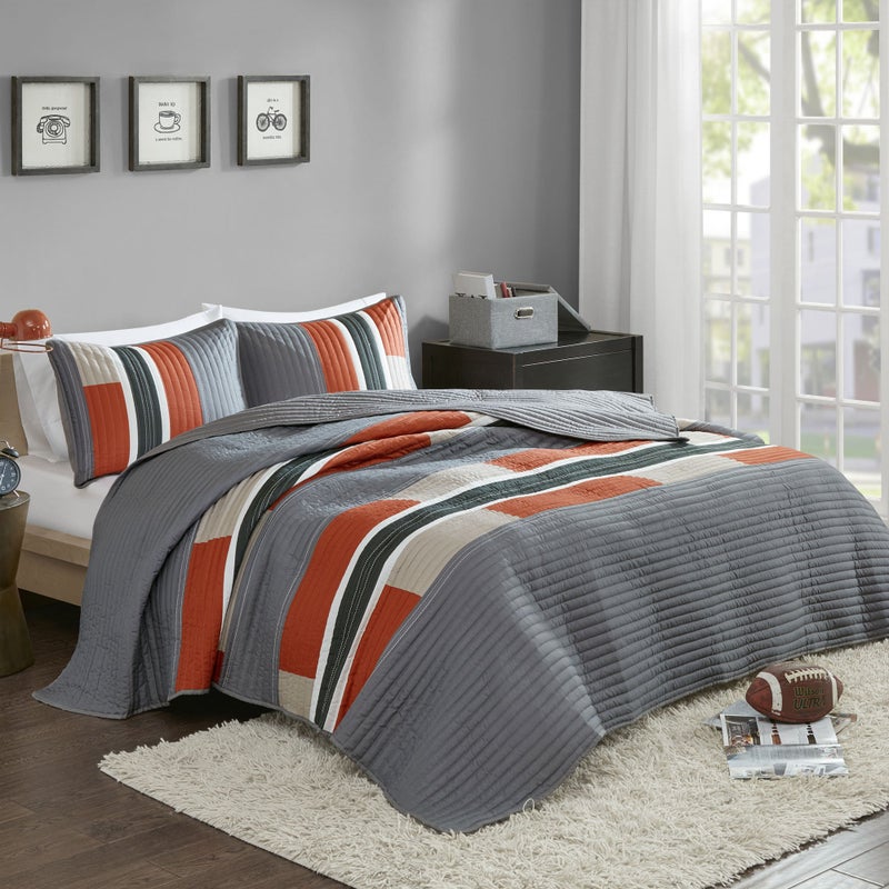 Comfort Spaces Quilt Set Trendy Casual Fun, Vibrant Color Design, Hypoallergenic All Season, Lightweight Coverlet Bedspread Cozy Kids Bedding & Sham Twin/Twin XL Pierre Grey Orange Stripe 2 Piece - Image 1