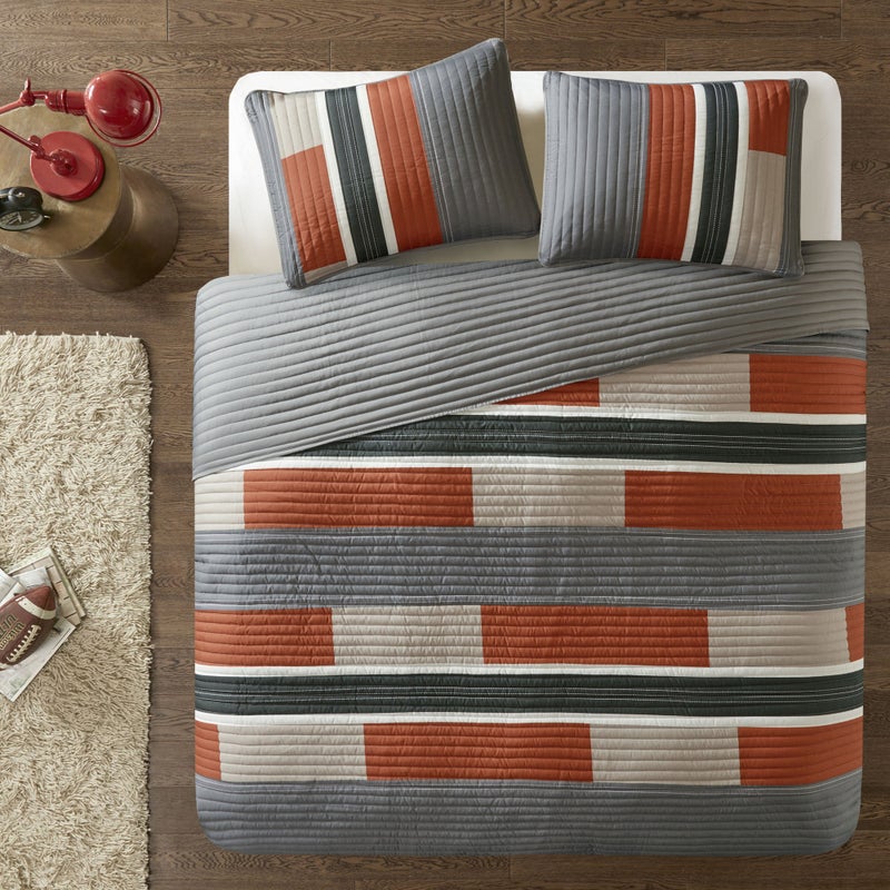 Comfort Spaces Quilt Set Trendy Casual Fun, Vibrant Color Design, Hypoallergenic All Season, Lightweight Coverlet Bedspread Cozy Kids Bedding & Sham Twin/Twin XL Pierre Grey Orange Stripe 2 Piece - Image 3