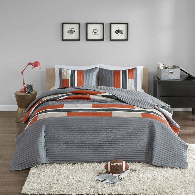 Comfort Spaces Quilt Set Trendy Casual Fun, Vibrant Color Design, Hypoallergenic All Season, Lightweight Coverlet Bedspread Cozy Kids Bedding & Sham Twin/Twin XL Pierre Grey Orange Stripe 2 Piece - Image 2