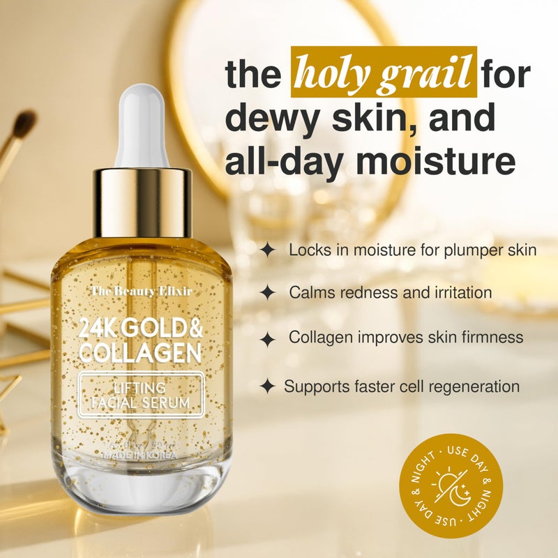 The Beauty Elixir Collagen Serum For Face with 24k Gold - Dermatologist Tested - Anti Aging, Ultra Hydrating, Fine Lines & Wrinkle Treatment - Clean Beauty Korean Skin Care for All Skin Types - 1.69oz - Image 2