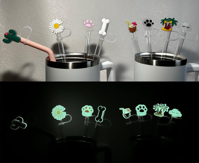 AINEEDY 0.4"" Luminous Straw Cover Cap for Stanley 30&40 oz Tumbler Cups  Glow in the Dark 8 Pcs 10mm Wide Cute Silicone Straw Topper Tips Lids Protectors for Compatible with Stanley Accessories - CUTE - Image 3