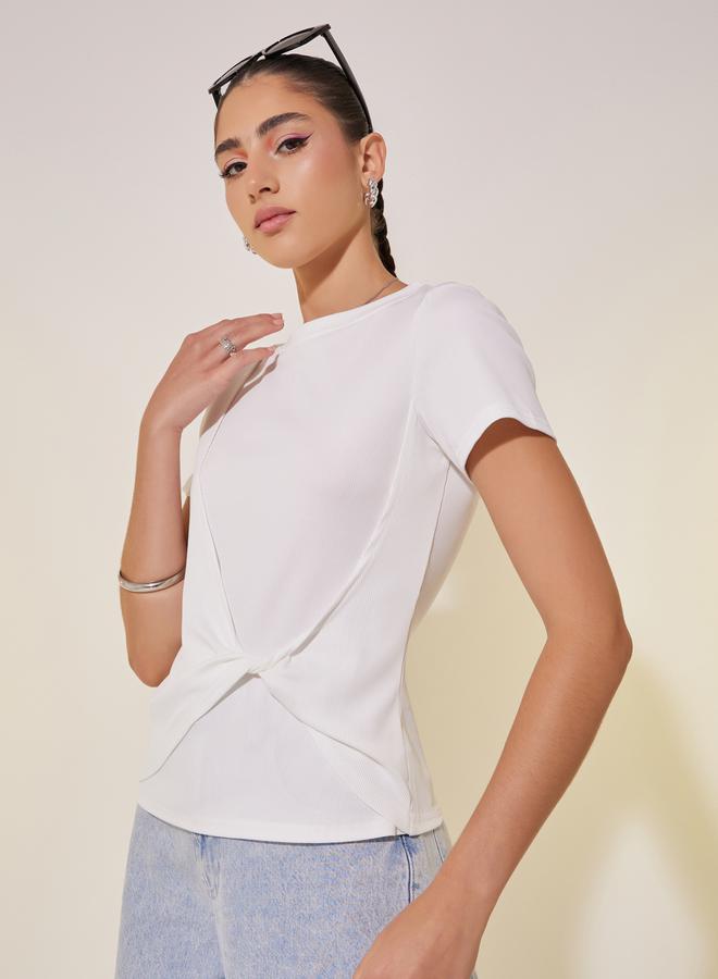 Rib Round Neck Front Twist Plain T-Shirt