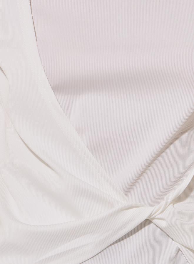 Rib Round Neck Front Twist Plain T-Shirt