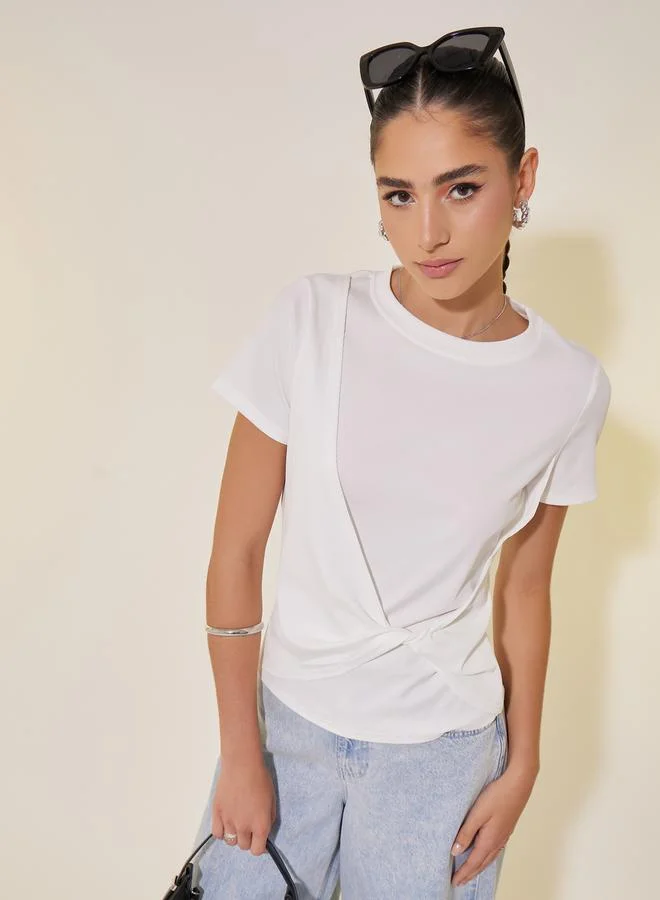 Take Two Rib Round Neck Front Twist Plain T-Shirt