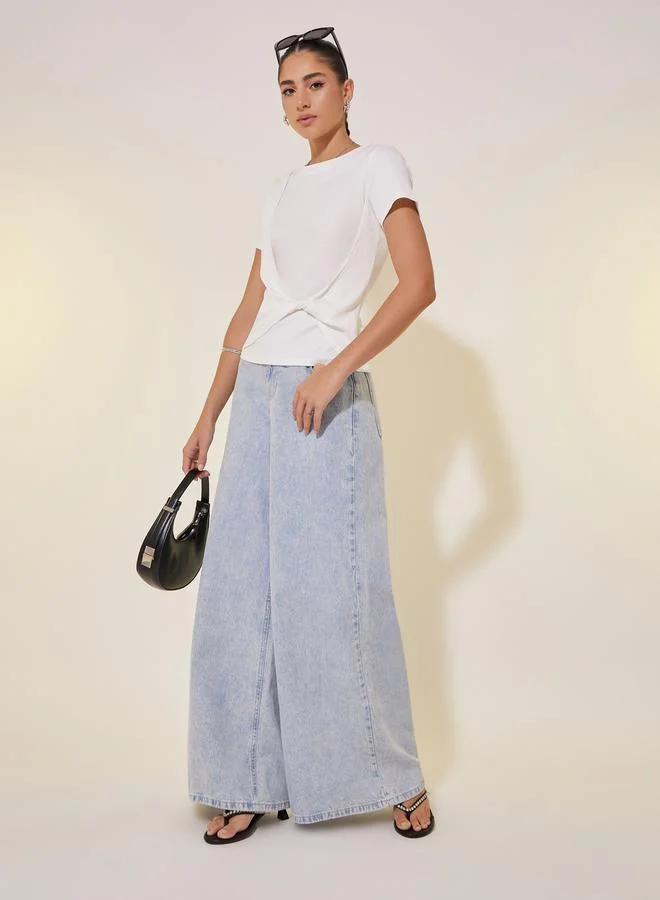 Take Two Rib Round Neck Front Twist Plain T-Shirt