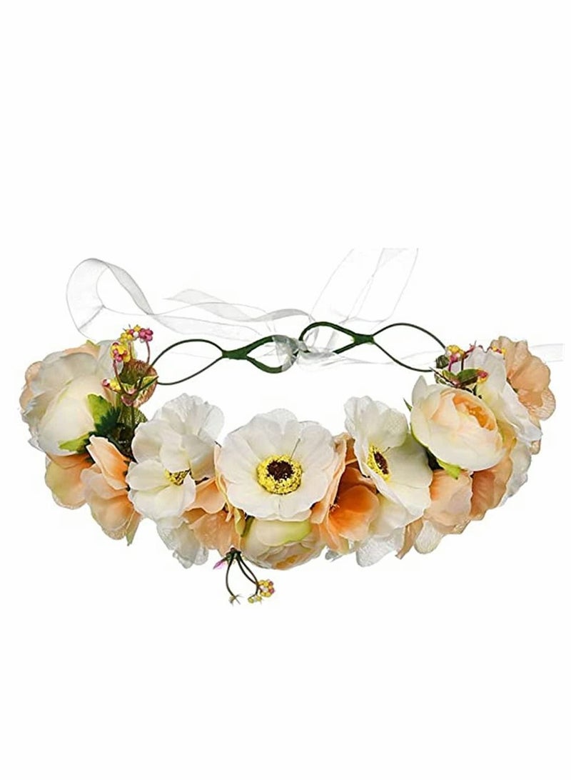 إسكدنيا Sunflower and Rose Simulation Headdress, Boho Flower Headband Hair Wreath Floral Garland Crown Halo Headpiece with Ribbon Wedding Festival Party, Bridal Boutique Headdress - Image 1