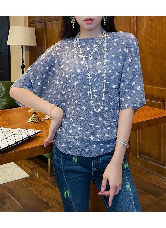 Generic - Plus Size Printed Pleated Women's Summer New Short-sleeved Base Shirt Chubby Girl Design All-match Round Neck T-shirt - Image 1