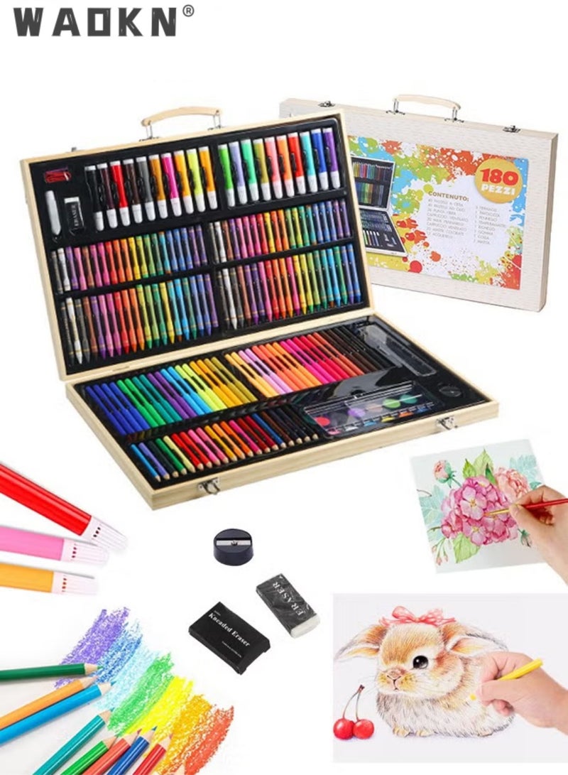 دبليو أيه أو كي أن قائمة المنتجات ذات الصلة 180 قطعة مجموعة الفن، رسم صندوق الفن مع البستيلات الزيتية، قلم الأقلام، قلم الأقلام الملونة، العلامات، كعك الألوان المائية وغيرها من الملحقات، مجموعة لوازم الرسم المحمولة الفاخرة، جودة متفوقة وأدوات الرسم الآمنة، مثالية للأطفال والكبار الرسم والرسم والتلوين - Image 1