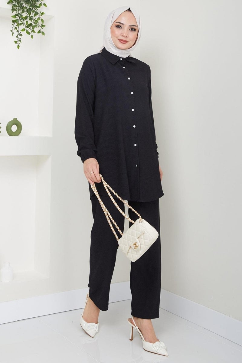 Hafsa Mina Burgundy Shirt Suit Black HM2394 - Image 2