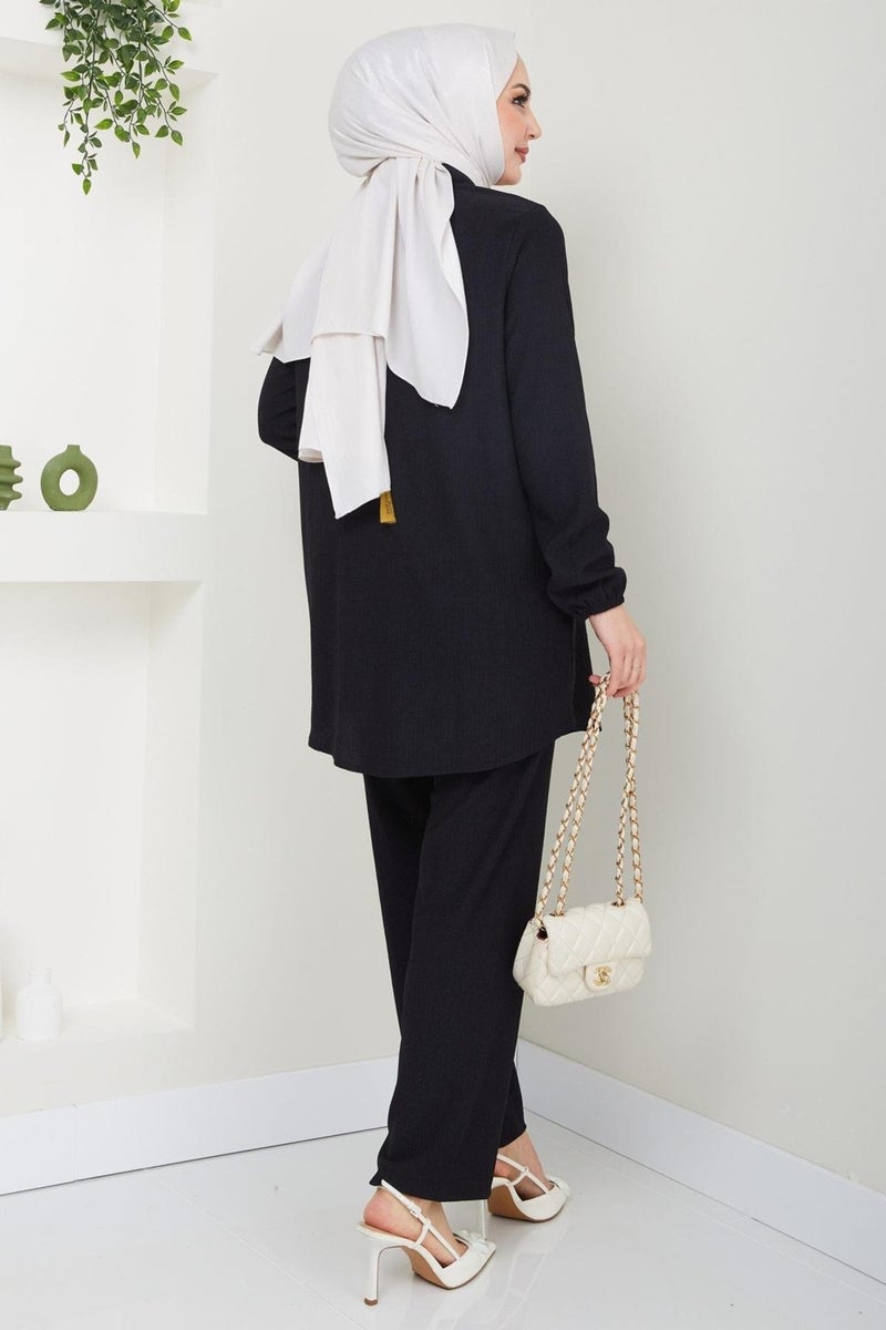 Hafsa Mina Burgundy Shirt Suit Black HM2394 - Image 5