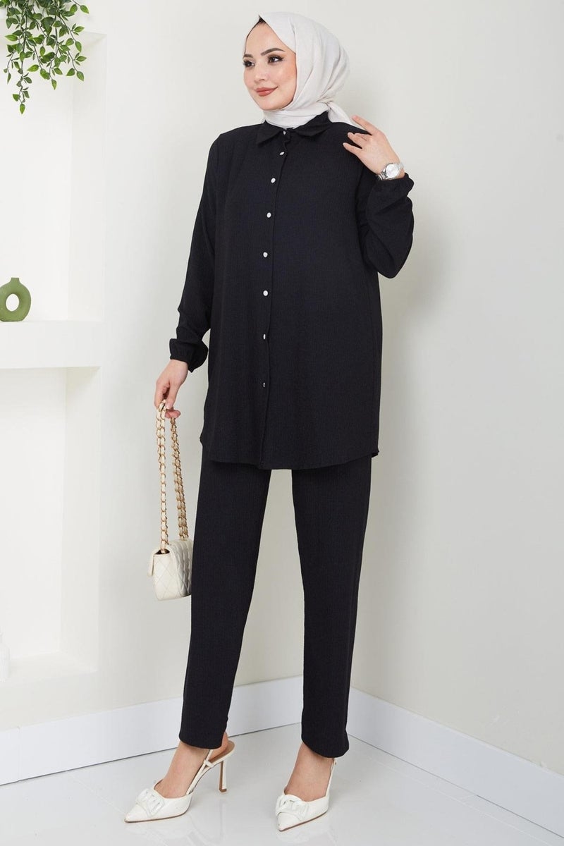 Hafsa Mina Burgundy Shirt Suit Black HM2394 - Image 3
