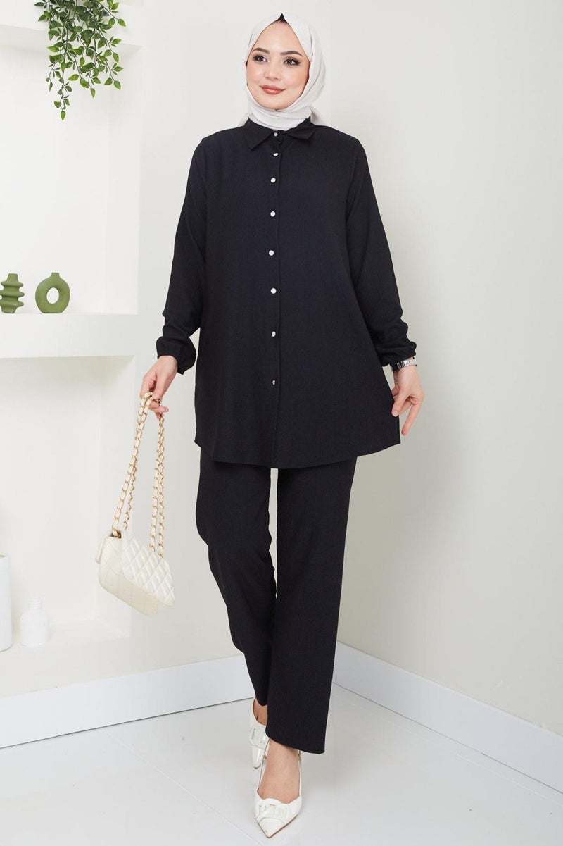 Hafsa Mina Burgundy Shirt Suit Black HM2394 - Image 1