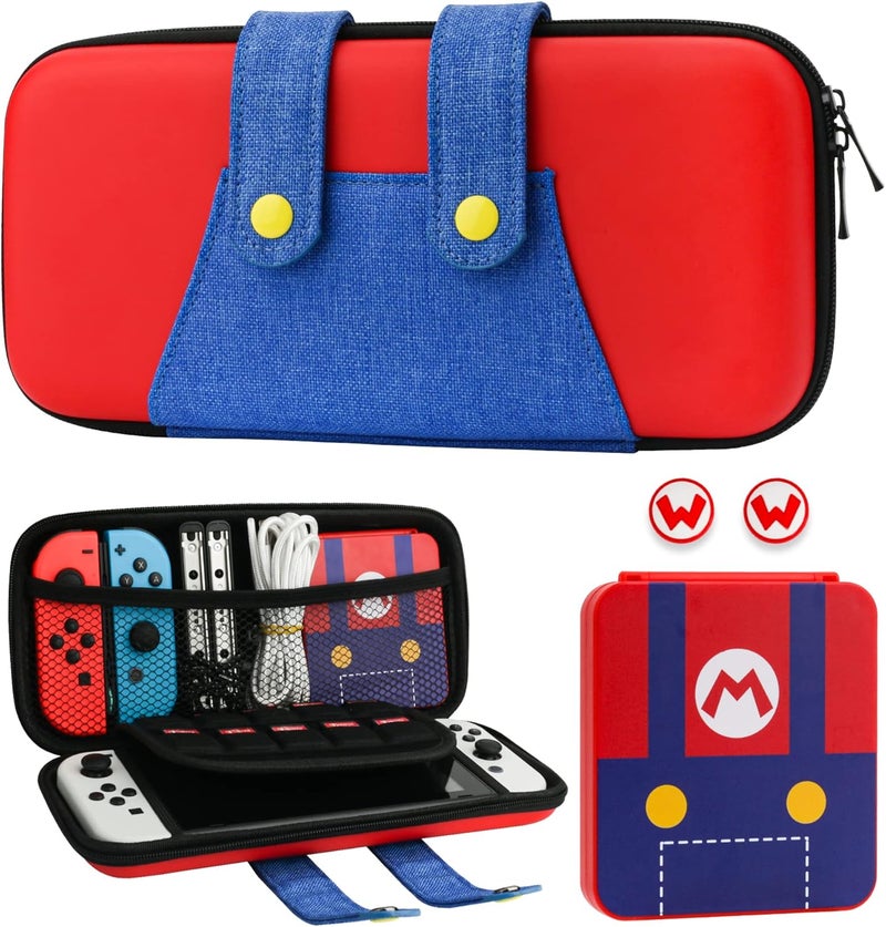 GLDRAM Carrying Case Bundle for Nintendo Switch and Switch OLED, Theme for Mario Travel Case for Switch, Carrying Accessories Kit with Game Case, Thumb Grip Caps-Red - Image 1