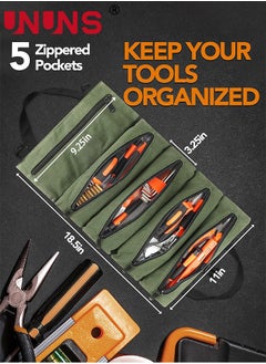 UNUNS Tool Roll Up Pouch,16OZ Canvas Multi-Purpose Wrench Roll Up Bag,Tool Roll Organizer,5 Zipper Tool Pockets Electricians Tool Roll Pouch,Hanging Tool Zipper Carrier Tote  - Image 2