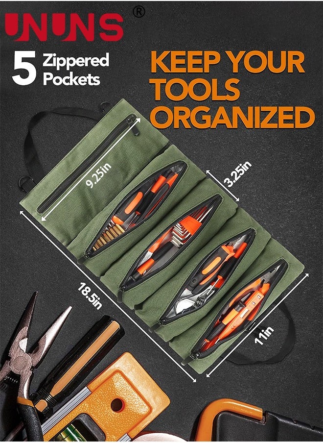 UNUNS Tool Roll Up Pouch,16OZ Canvas Multi-Purpose Wrench Roll Up Bag,Tool Roll Organizer,5 Zipper Tool Pockets Electricians Tool Roll Pouch,Hanging Tool Zipper Carrier Tote  - Image 2