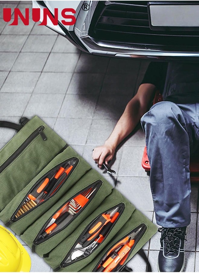 Tool Roll Up Pouch,16OZ Canvas Multi-Purpose Wrench Roll Up Bag,Tool Roll Organizer,5 Zipper Tool Pockets Electricians Tool Roll Pouch,Hanging Tool Zipper Carrier Tote