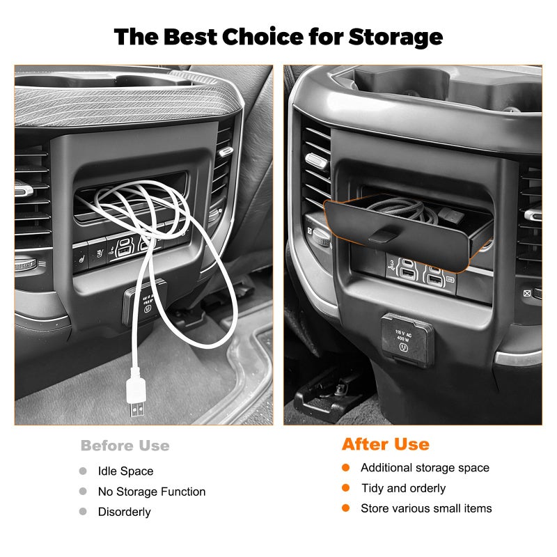 JLQP Rear Panel Center Console Storage Tray for 2019-2026 Dodge Ram 1500 2500 3500 - Easy to Install Insert Drawer Box Accessories Cubby Organizer Box ABS Plastic - Image 5