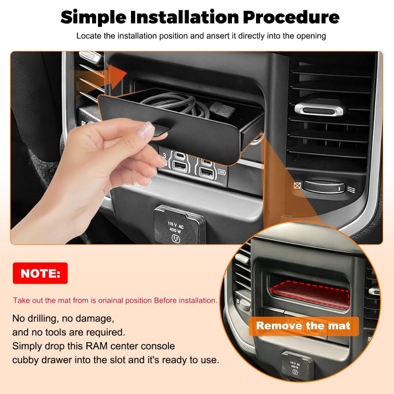JLQP Rear Panel Center Console Storage Tray for 2019-2026 Dodge Ram 1500 2500 3500 - Easy to Install Insert Drawer Box Accessories Cubby Organizer Box ABS Plastic - Image 3