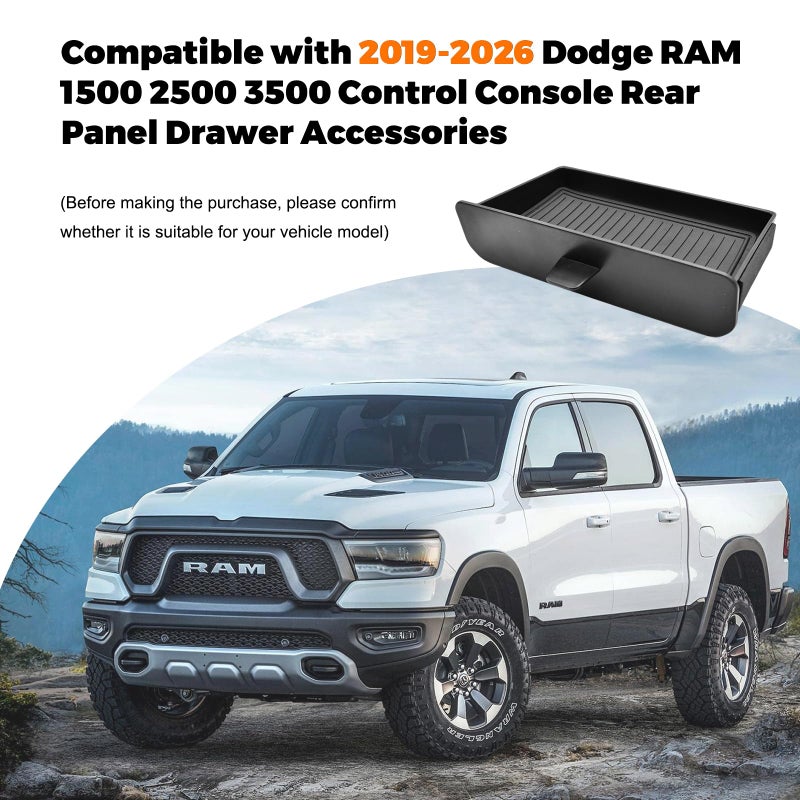 JLQP Rear Panel Center Console Storage Tray for 2019-2026 Dodge Ram 1500 2500 3500 - Easy to Install Insert Drawer Box Accessories Cubby Organizer Box ABS Plastic - Image 2
