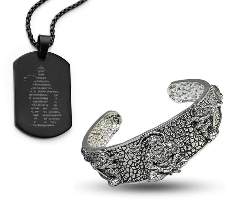 ADHVIK مجموعة سوار هانومان 5 وجه من الفولاذ المقاوم للصدأ وقلادة هانومان تشاليسا الروحية للهدايا (فضي، عبوة من 2) - Image 1