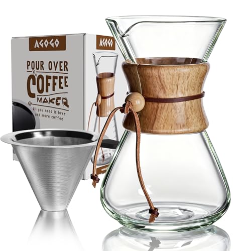 AGOGO Pour Over Coffee Maker Glass Barista Kit with 304 Stainless Filter for Home Office Camping Cafes Easy Clean Coffee Dripper Set Soft TowelBrush 28oz Slim Shape wSS Filter - Image 1