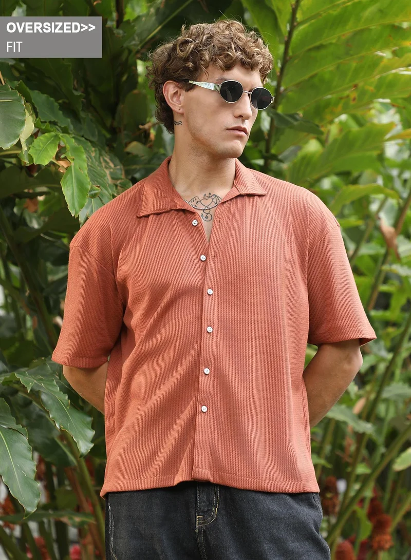 Campus Sutra Campus Sutra Men's Burnt Sienna Waffle-Knit Shirt For Casual Wear | Spread Collar | Short Regular Sleeves | Button Closure | Oversized Shirt Crafted With Comfort Fit For Everyday Wear