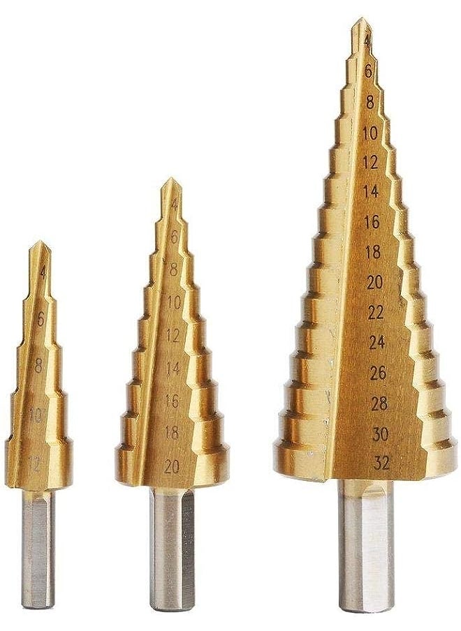 PROMASS 3Pcs HSS Steel Large Step Cone Drill Titanium Bit Set Hole Cutter 4-12/20/32mm  - Image 1