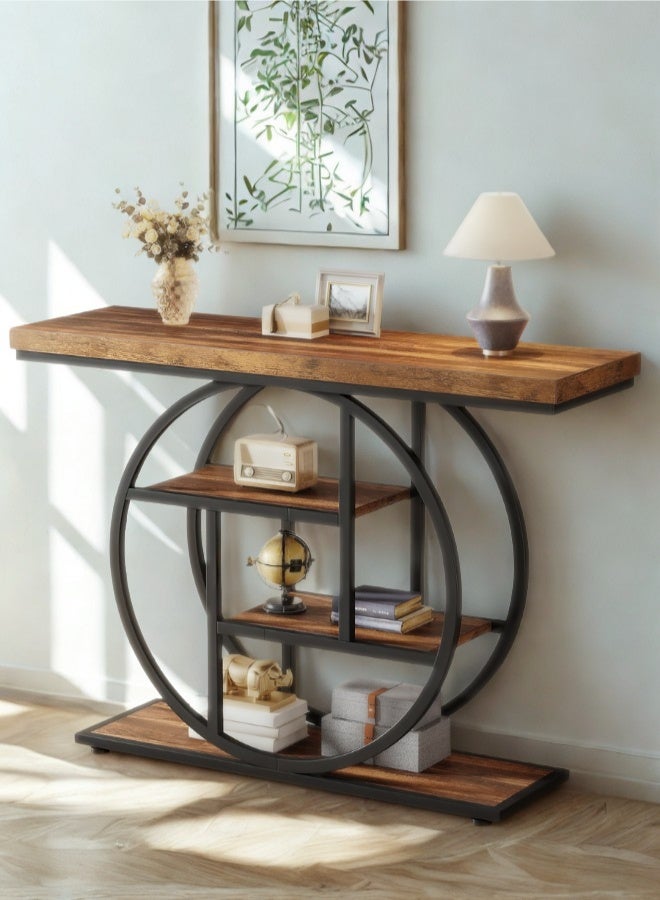 هومونير طاولة كونسول مون بتصميم هندسي دائرى ونمط صناعي، مزودة بـ 4 رفوف تخزين | طاولة جانبية للأريكة بلون بني ريفي للمداخل، الممرات، أو غرفة المعيشة - Image 3