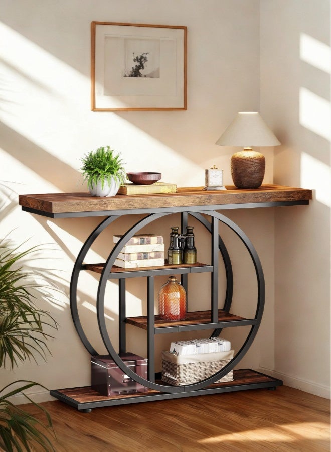 هومونير طاولة كونسول مون بتصميم هندسي دائرى ونمط صناعي، مزودة بـ 4 رفوف تخزين | طاولة جانبية للأريكة بلون بني ريفي للمداخل، الممرات، أو غرفة المعيشة - Image 1