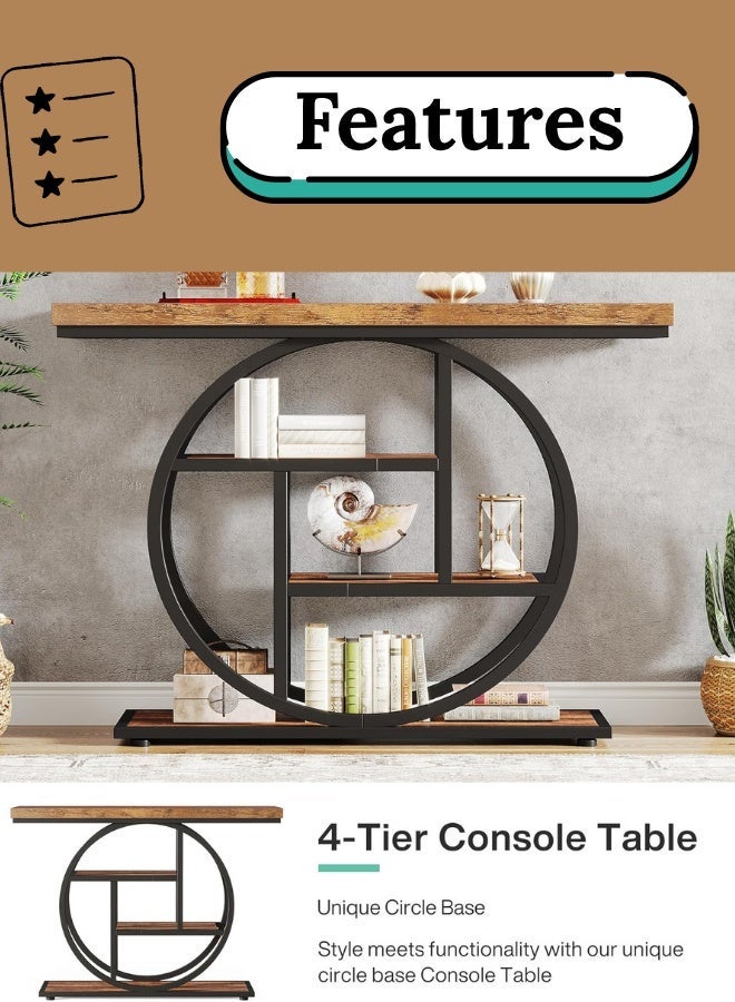 هومونير طاولة كونسول مون بتصميم هندسي دائرى ونمط صناعي، مزودة بـ 4 رفوف تخزين | طاولة جانبية للأريكة بلون بني ريفي للمداخل، الممرات، أو غرفة المعيشة - Image 5
