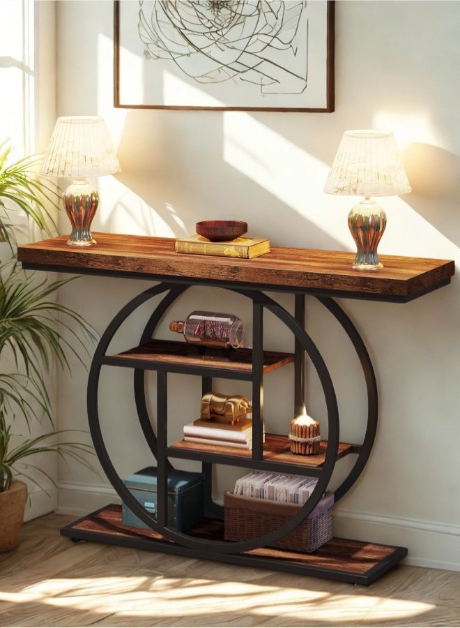 هومونير طاولة كونسول مون بتصميم هندسي دائرى ونمط صناعي، مزودة بـ 4 رفوف تخزين | طاولة جانبية للأريكة بلون بني ريفي للمداخل، الممرات، أو غرفة المعيشة - Image 4