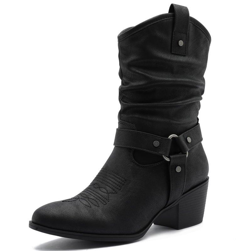 GLOBALWIN Women's Black Mid Calf Cowgirl Boots Fashion Western Cowboy Boots for Women Chunky Low Heel With Side Zipper Size 10M - Image 1