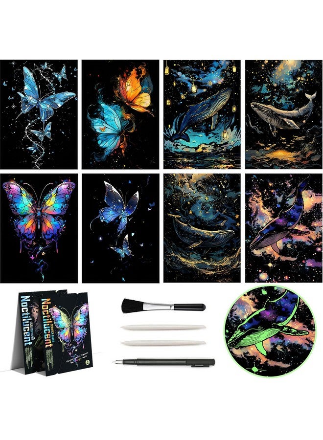 AP ARTSPER Glow in The Dark Scratch Art Rainbow Painting Paper 8 Sheet with Pen / Cleaning Brush, Engraving Landscape Scratchboard(A4) for Kids Teens & Adults, Fun Sketch Card Creative Craft Toy (Animal)  - Image 1