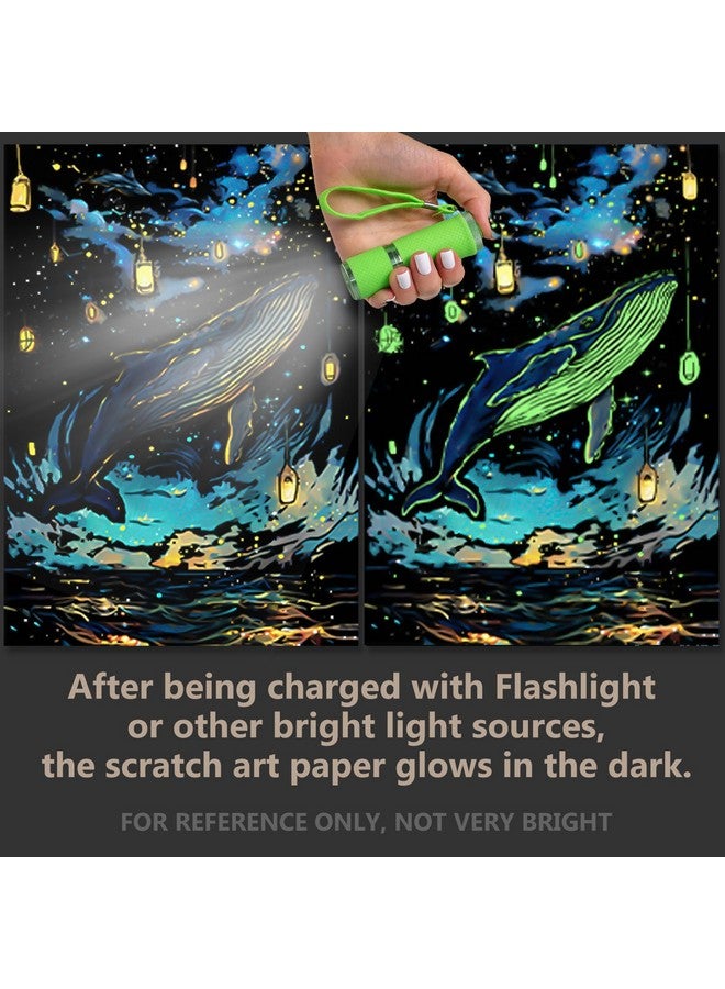 AP ARTSPER Glow in The Dark Scratch Art Rainbow Painting Paper 8 Sheet with Pen / Cleaning Brush, Engraving Landscape Scratchboard(A4) for Kids Teens & Adults, Fun Sketch Card Creative Craft Toy (Animal)  - Image 2