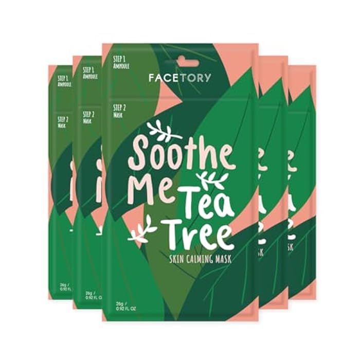 FACETORY K Beauty Face Mask Skin Care - Soothe Me Tea Tree 2-Step Sheet Mask with Tea Tree Extract & Chamomile + Soothing Ampoule | Skin Calming, Acne Clearing (5 Pack) - Image 1