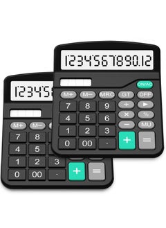 2 Pack Standard Function Calculator, Solar & Battery Power 12 Digit Display Big Button Desktop Calculators, Suitable for Home and Office (Black)