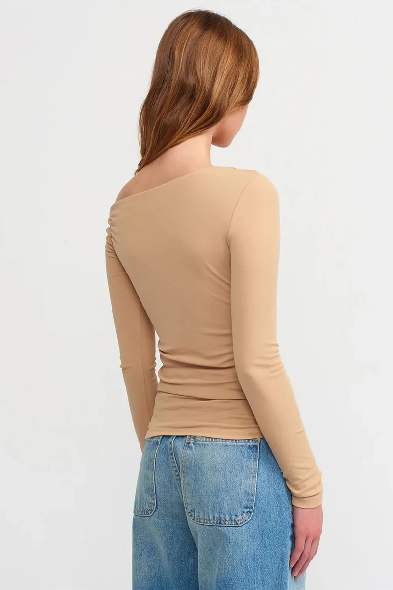 Dilvin Beige Natural DILVIN Slim Fit Asymmetrical Collar Blouse for Women | Best Price UAE