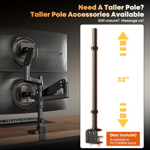 PUTORSEN 17-49 inch Premium Aluminum Heavy Duty Dual Monitor Arm for Ultrawide Screens up to 44lbs, Vertical Stacked Dual Monitor Desk Mount, Full Motion Dual Vertical Monitor Mount, VESA 75/100,Black - Image 3