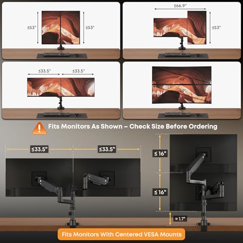 PUTORSEN 17-49 inch Premium Aluminum Heavy Duty Dual Monitor Arm for Ultrawide Screens up to 44lbs, Vertical Stacked Dual Monitor Desk Mount, Full Motion Dual Vertical Monitor Mount, VESA 75/100,Black - Image 2