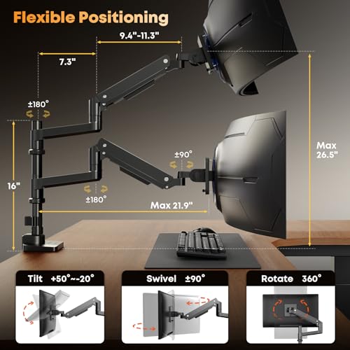 PUTORSEN 17-49 inch Premium Aluminum Heavy Duty Dual Monitor Arm for Ultrawide Screens up to 44lbs, Vertical Stacked Dual Monitor Desk Mount, Full Motion Dual Vertical Monitor Mount, VESA 75/100,Black - Image 5