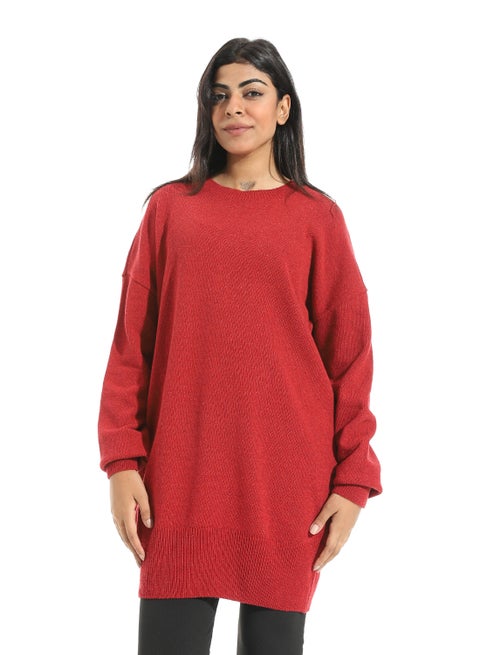 Oversize Round Collar Long Sleeves Red Pullover_Red