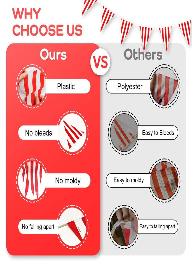 Piokio Plastic Red and White Striped Pennant Banner, Double-Sided Printing, Suitable For Carnival, Circus Theme Party Decoration, Birthday, Festival Celebration Supplies - Image 3