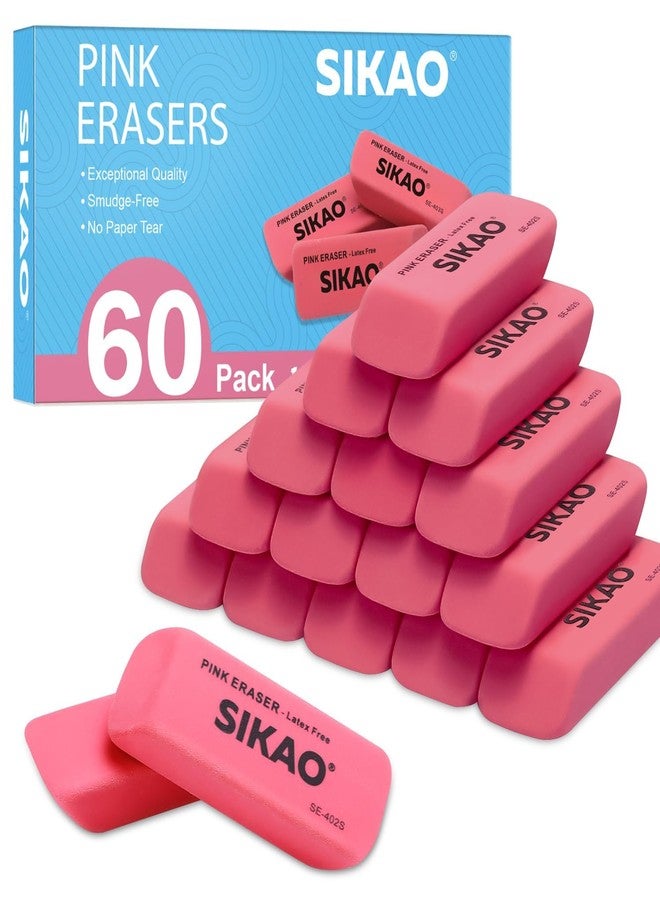 Sikao Erasers, 60 Pack Pink Pencil Erasers for Kids, Beveled Non-Smudge Bulk Erasers for Pencils, Latex-Free for Pencils, Rubber for Classroom Teachers, Art Drawing & School Supplies - Image 1