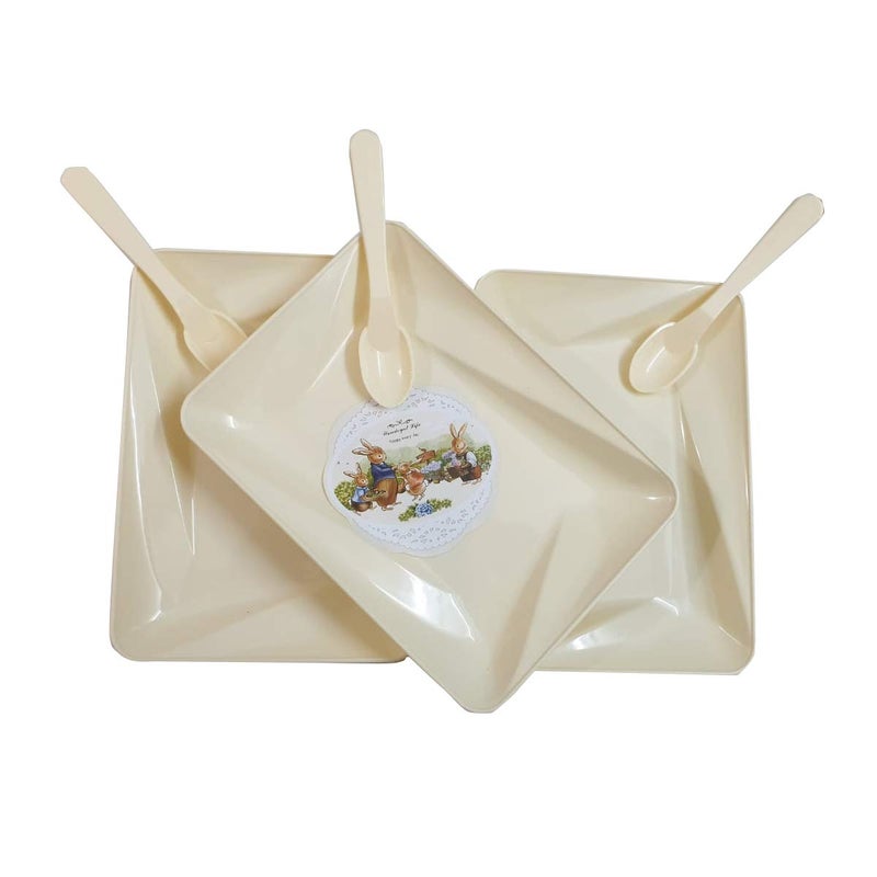 Inditradition Dinnerware Snakes Plate Side Plate Dessert Plate with Spoons (Pack of 3) | Food-Grade Plastic, 23 x 16 cm, Beige - Image 1