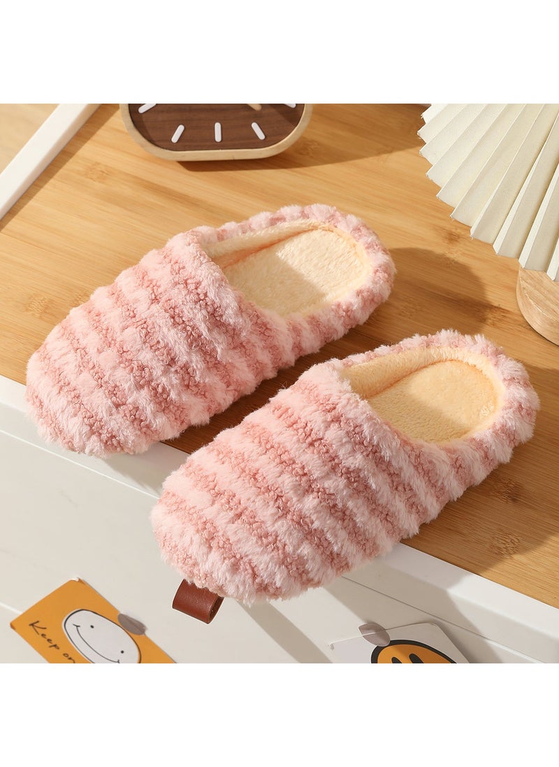Japanese style spring, autumn and winter couples mute soft bottom home slippers mens and womens wooden floor non-slip silent cotton slippers Pink Stripe