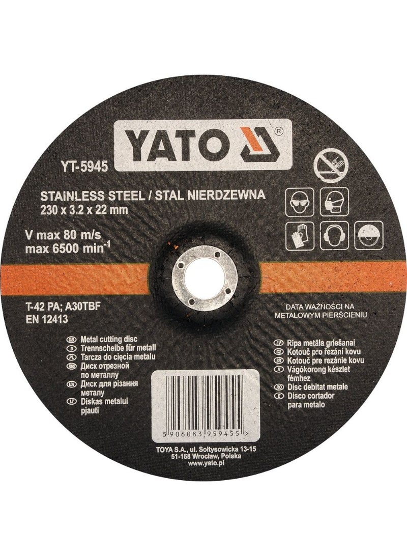 YATO Inox Metal Cutting Disc 230x22x3.2mm Depressed Center  YT-5945